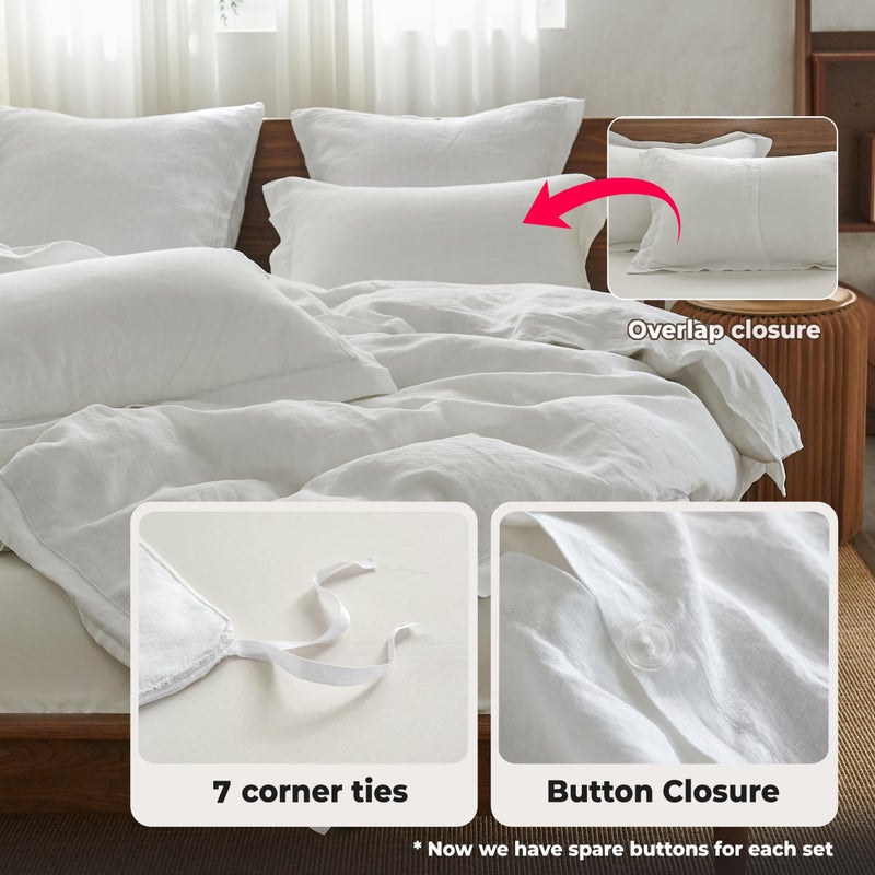 Simple&Opulence 100% Washed Linen Duvet Cover Set with Embroidered, 3 Pieces Soft Farmhouse Comforter Set with Button Closure,1 Duvet Cover and 2 Pillowshams(King,White) - Image 4